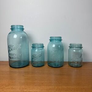 Set of 4 Antique 1900-1933 Aqua Blue Ball Mason Jars Half Gallon Quart & Pint